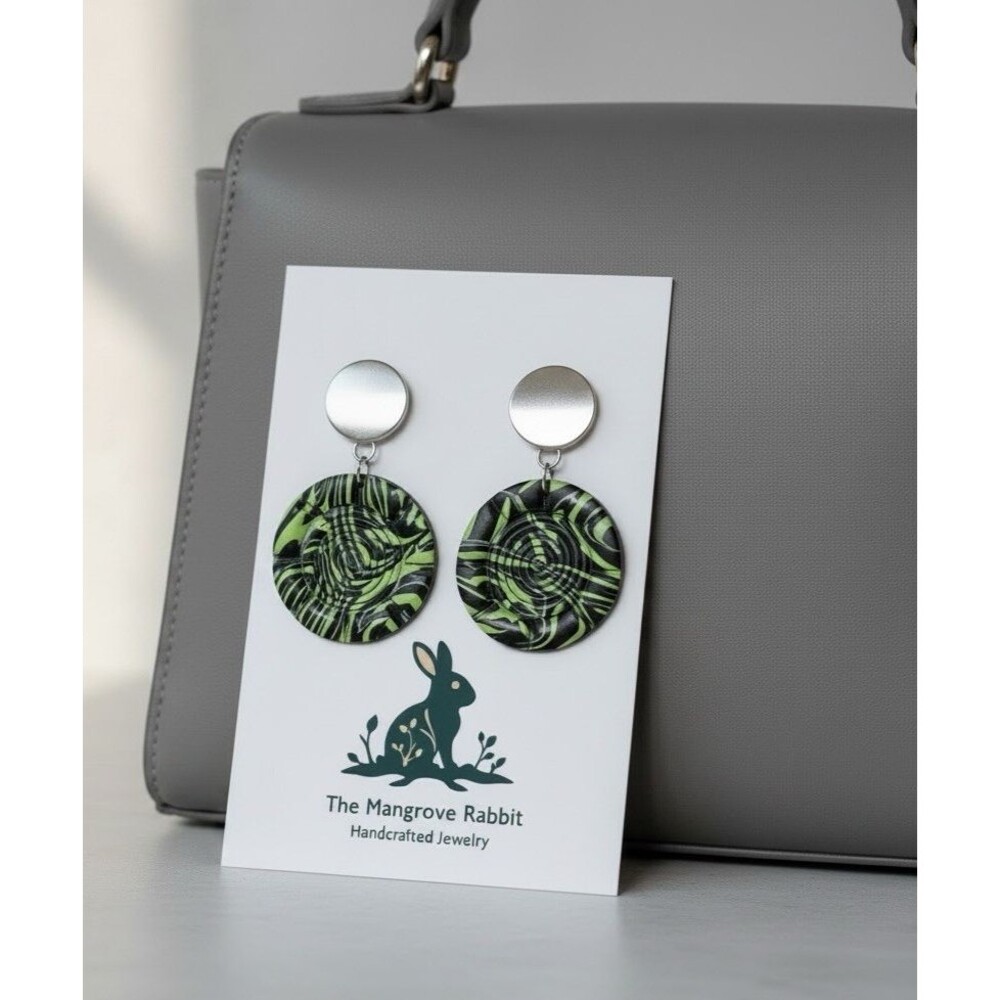 Green & Black Marbled Print Mandala Handmade Large Polymer Clay Dangle Earrings